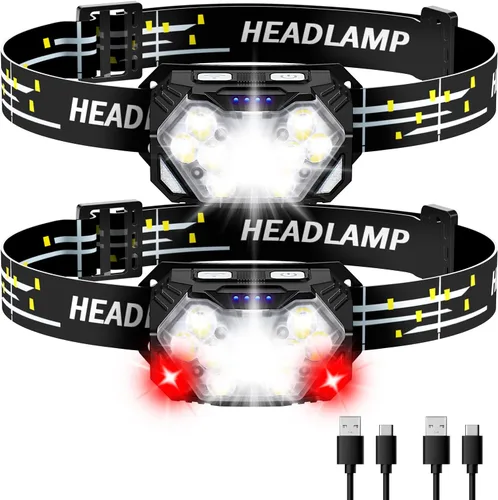 Vista 8 de Linterna frontal ultra brillante de 9 LED de 2000 lúmenes, linterna recargable USB C, 10 modos, lámpara de cabeza con sensor de movimiento