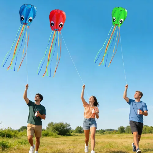 Vista 2 de Paquete de 3 cometas grandes de pulpo sonriente mejoradas, hermosa cometa de cola larga para niños y adultos, fácil de volar a la playa, grandes