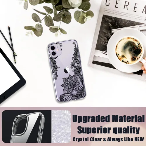 Vista 5 de Compatible con iPhone 11, funda transparente con flores florales a prueba de golpes, parte trasera dura, delgada, bonita funda transparente