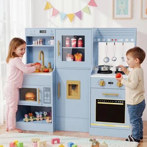 Vista 7 de MAMIZO Cocina de juego de madera para niños, juego de cocina de juguete para niños, juego de cocina interactivo grande con 6 utensilios de cocina
