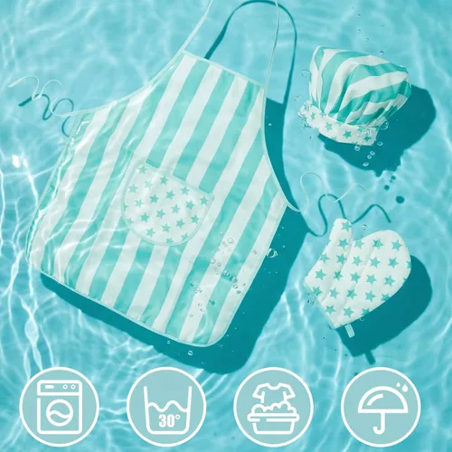 Vista 4 de Juego de delantal y gorro de chef para niños, 3 piezas, kits de cocina y horneado para niños, juguete de juego de roles para niños, regalo de cocina