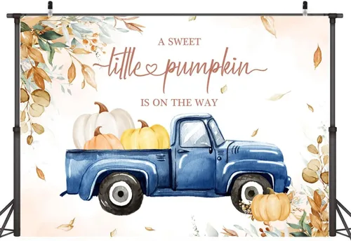 Vista 2 de Decoraciones de otoño para baby shower de calabaza para niño, A Sweet Little Sweet Pumpkin is On The Way, telón de fondo con texto en inglés "It's a
