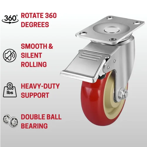 Vista 2 de Y&Y Decor Ruedas giratorias resistentes de 3 pulgadas con freno, paquete de 4 ruedas de poliuretano rojas, rotación de 360°, sin marcas, 250 libras