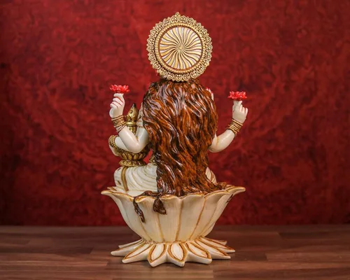 Vista 4 de SHIVAJIARTS Gran estatua Lakshmi, 12.2 in pintado a mano polvo mármol diosa lakshmi ídolo en loto. diosa hindú del dinero, riqueza, abundancia