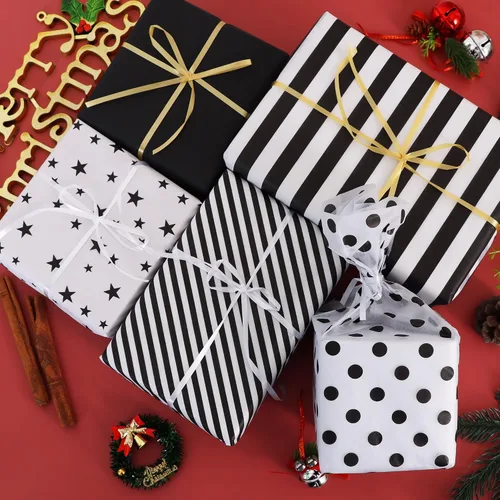 Vista 5 de BEISHIDA 100 hojas de papel de seda blanco y negro a granel, rayas de sarga y puntos, estrellas para bolsas de regalo, papel de regalo de 14 x 20