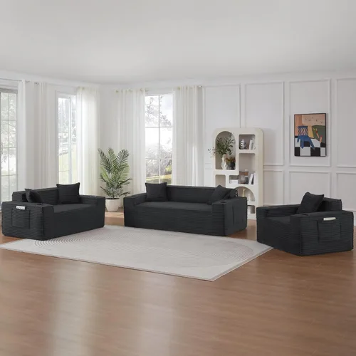 Vista 17 de Sofá sin hueso de 66.5 pulgadas con portavasos y bolsillos laterales, sofá biplaza tapizado de tela de pana moderna con 2 almohadas para sala