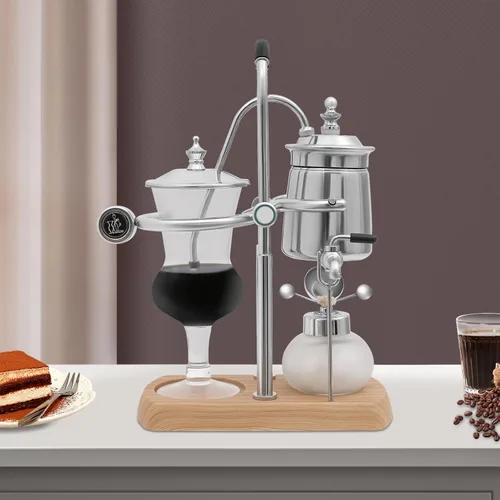 Vista 8 de Cafetera de sifón vintage, cafetera de sifón, elegante sistema de cafeteras retro, cafetera plateada con lámpara de alcohol para un rico sabor