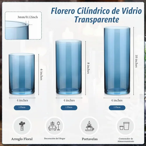 Vista 2 de Inbagi - Paquete de 3 portavelas azules, jarrones de cristal de huracán, 6