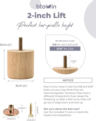 Vista 5 de Patas para muebles de madera maciza, 4 patas redondas modernas de moño, patas de sofá con pernos roscados de 5/16 pulgadas, placa de montaje