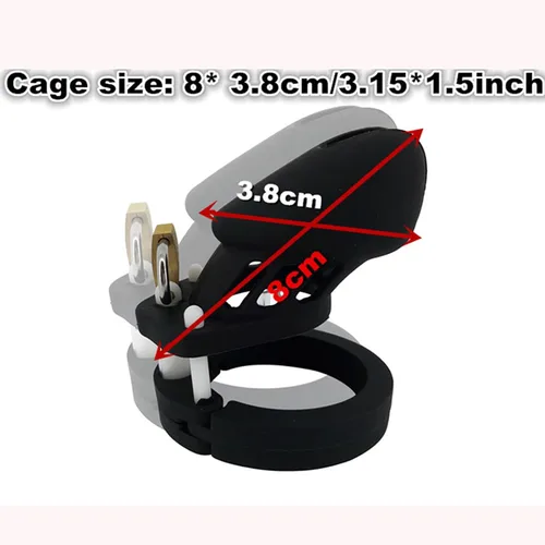 Vista 3 de Dispositivo de castidad masculino de silicona suave con 5 anillos, dispositivo de jaula de castidad masculina de color negro con cerradura y llave