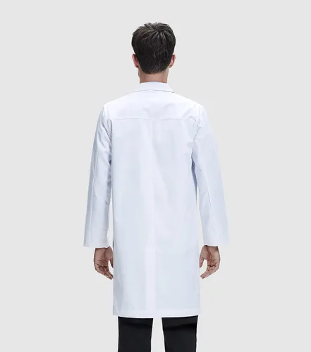 Vista 2 de Dr. James Abrigo de laboratorio profesional, bolsillos para teléfonos inteligentes y tabletas, ajuste clásico, 40 pulgadas de largo, color blanco