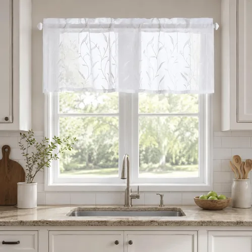 Vista 19 de VOGOL Juego de cortinas transparentes bordadas y cenefas para sala de estar, con bolsillo para barra blanca, par de cortinas traslúcidas