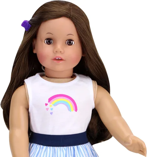 Vista 4 de Sophia's Muñeca de 18 pulgadas, 2 piezas, parte superior sin mangas, falda a rayas azul y blanco, con detalles de estampado de arcoíris