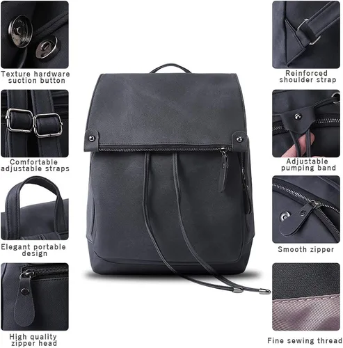 Vista 3 de Mochila para mujer, impermeable, antirrobo, ligera, de cuero PU y nailon, morral de viaje para mujer