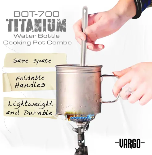 Vista 2 de Vargo BOT - 700 Olla de cocina de titanio y botella de agua con asas plegables y tapa hermética 23.7 fl oz (23 oz.) Modelo duradero y ligero