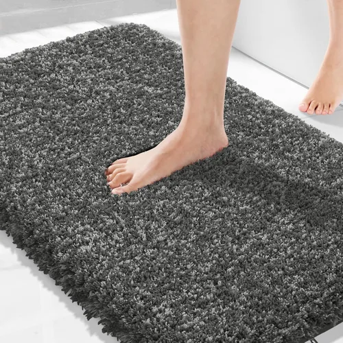 Vista 101 de Yimobra Alfombras de baño en negro y blanco antideslizantes lavables, tapetes de baño ultra suaves y absorbentes de agua, alfombra de ducha suave