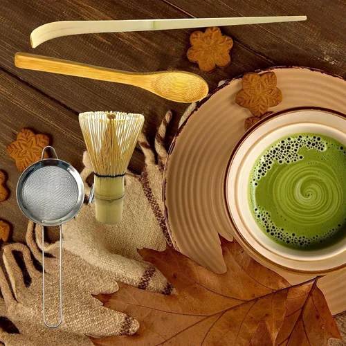 Vista 5 de Juego de batidor de matcha: juego de 4 piezas para principiantes de matcha, incluyendo un batidor de bambú tradicional, cuchara, tamiz de té