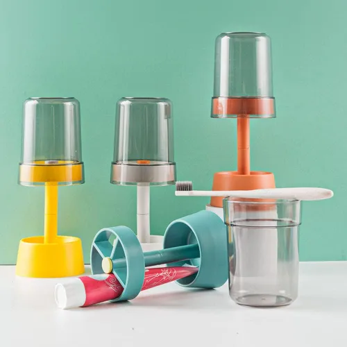 Vista 5 de Soporte para cepillo de dientes con taza/cubierta cubierta, organizador de Azul