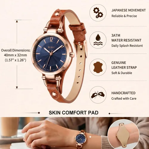 Vista 5 de BUREI Reloj de pulsera analógico de cuarzo para mujer, correa de cuero, reloj de pulsera Relogio Feminino, regalo para mujer