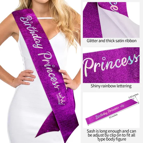 Vista 5 de SuPoo Kit de banda y corona de cumpleaños morada, tiara de princesa con peine, banda con purpurina para mujer, diadema de cristal para niñas