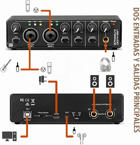 Vista 9 de Interfaz de audio USB 2X2 para PC Mac portátil, 24Bit 192kHz para grabación de computadora, guitarra, transmisión, podcasting, con alimentación