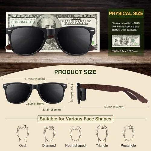 Vista 6 de WEAROYO Lentes de sol polarizados para hombres y mujeres con patillas de madera, lentes retro oscuras para conducir, pescar, protección UV400