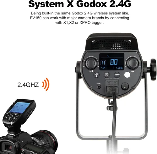 Vista 5 de Godox FV150 - Luz LED flash de 150 W 2.4G, sincronización de alta velocidad 1/8000s, CRI96+, TCLI 96+, 12000LUX, 5600 K ± 200 K, 8 modos de efectos