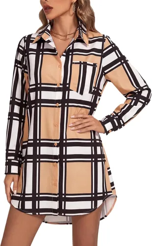 Vista 27 de LYANER Vestido camisero para mujer con cuello en V, botones, manga larga y dobladillo curvado