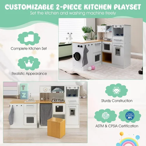 Vista 4 de GLACER Juego de cocina de madera para niños, cocina de juego de simulación de 2 piezas con luces y sonidos realistas, lavadora, dispensador de agua