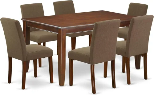 Vista 11 de HomeStock El juego de mesa de comedor moderno de 7 piezas consta de una mesa rectangular de madera y 6 sillas tapizadas de tela de lino café, 36 x