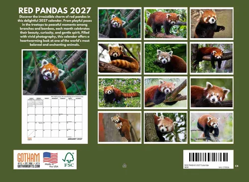 Vista 2 de Calendario mensual de pared 2025 con panda rojo, 12 meses Pandas rojos