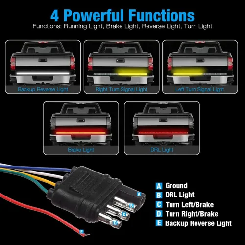 Vista 4 de Barra de luz LED de 48 pulgadas para compuerta trasera de camioneta pickup de 3 colores rojo blanco amarillo conmutable, señal de giro secuencial