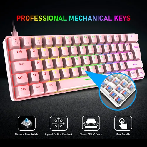 Vista 4 de Combo de teclado y mouse 60% mecánico para juegos, mini 62 teclas tipo C Chroma 20 efectos retroiluminados arcoíris, mouse ligero RGB, almohadilla