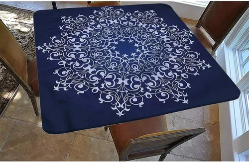 Vista 2 de Mantel cuadrado ajustable azul real, con bordes elásticos, patrón floral clásico, de poliéster, para interiores y exteriores, para fiestas, se