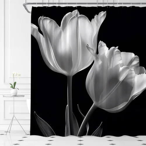 Vista 2 de Cortina de ducha floral negra elegante tulipán negro blanco y negro, diseño moderno de impresión artística única, juego de decoración de baño