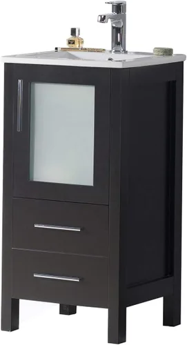Vista 3 de Blossom Tocador de baño de madera maciza espresso de 16 pulgadas con fregadero, pequeño gabinete independiente con fregadero de cerámica y puerta