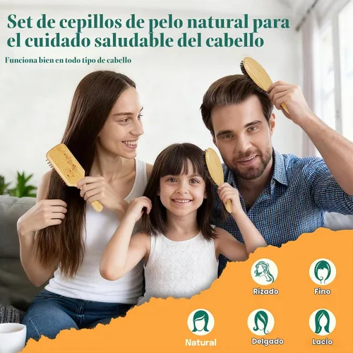 Vista 6 de Sofmild Juego de cepillos de pelo de bambú natural para mujeres, hombres y niños, cepillo desenredante para cabello grueso y rizado y húmedo Negro