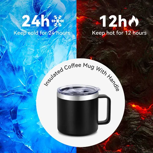 Vista 5 de VEGOND Taza de café aislada de 14 onzas con asa, taza de café de viaje de acero inoxidable con tapa, taza de café de metal al vacío de doble pared
