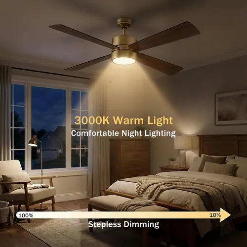 Vista 4 de Parrot Uncle Ventiladores de techo de 52 pulgadas con luces y control remoto, ventilador de techo dorado con luz de perfil bajo para dormitorio, LED