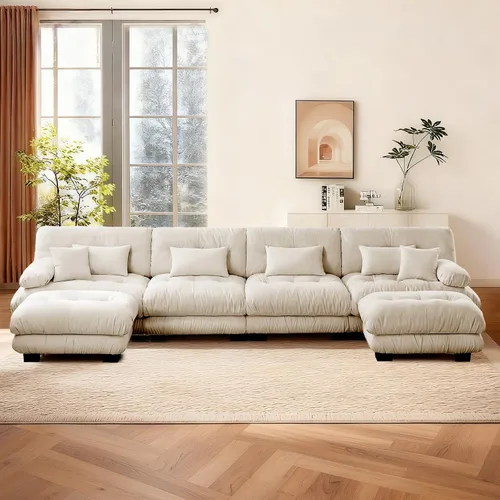 Vista 34 de Reposapiés Otomano Tapizado de Terciopelo con Cojín para Sofá Seccional Sofá 300 libras para Sala de Estar (Beige)