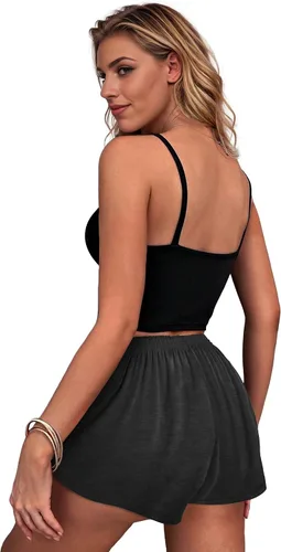 Vista 2 de Ekouaer - Pantalones cortos de pijama para mujer con bolsillos elásticos y tira elástica, para dormir, con cordón Negro