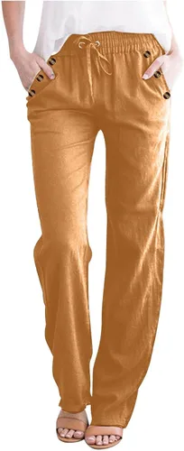 Vista 5 de Casual Pants for Women Summer Solid Color Drawstring Elastic Waist Pants Baggy Straight Leg Long Trouser with Pocket