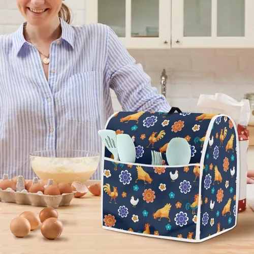 Vista 4 de Cubierta para batidora de pie a prueba de polvo con dibujos animados de pollo y flores para el hogar, cocina, decoración con mango y bolsillo