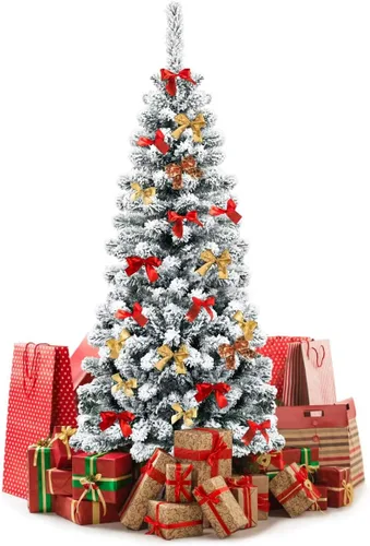 Vista 25 de GOFLAME Árbol de Navidad Artificial Preiluminado de 6 Pies, Árbol de Navidad Delgado con Cobertura de Nieve y Forma de Lápiz con Luces LED
