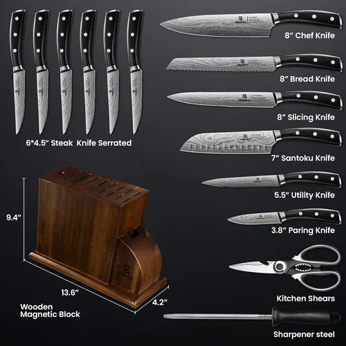 Vista 7 de Juego de cuchillos magnéticos de 15 piezas para cocina con bloque, juego de cuchillos de cocina hechos de acero inoxidable alemán de alto carbono