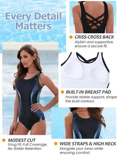 Vista 5 de Traje de baño atlético de una pieza para mujeres, modesto, con espalda cruzada, de secado rápido y cobertura completa
