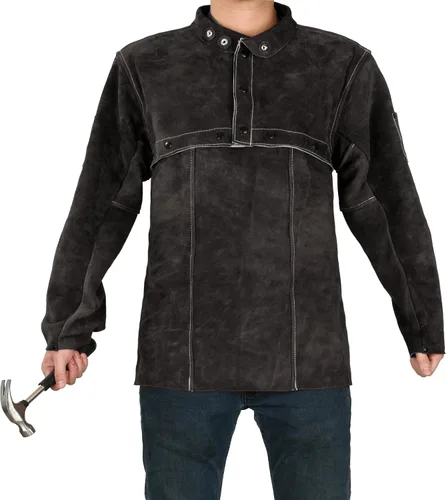 Vista 2 de LeaSeek Chaqueta de Soldadura de Cuero - Delantal de Soldadura de Servicio Pesado con Manga, Cuero de Vaca Resistente al Calor y al Fuego