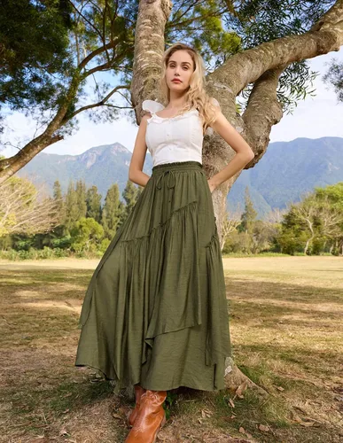 Vista 8 de Scarlet Darkness Falda larga renacentista con capas para mujer, con cintura alta, elástica, con bolsillos