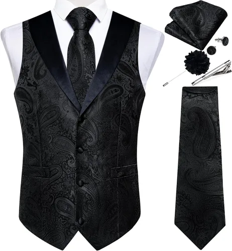 Vista 31 de DiBanGu Chaleco de traje de cachemira para hombre, chaleco jacquard de seda y corbata, chaleco formal de cuello de chal, 7 piezas para fiesta