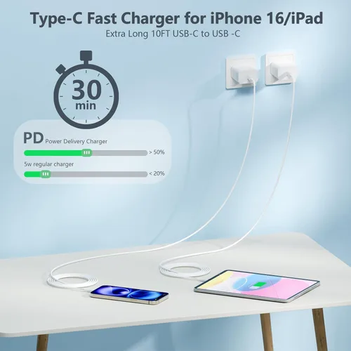Vista 3 de Cargador de carga rápida de 10 pies para iPhone 17, 16, 15, cable largo USB C a C con bloque de carga rápida de teléfono tipo C de 20 W para iPhone